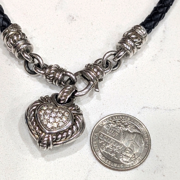 Judith Ripka 925 Sterling Silver Reversible CZ Heart Black Leather Necklace - Picture 10 of 12